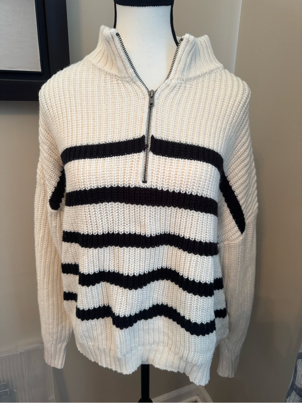 Sanctuary XL Chunky Knit Quarter Zip Sweater Black Cream Striped Oversized